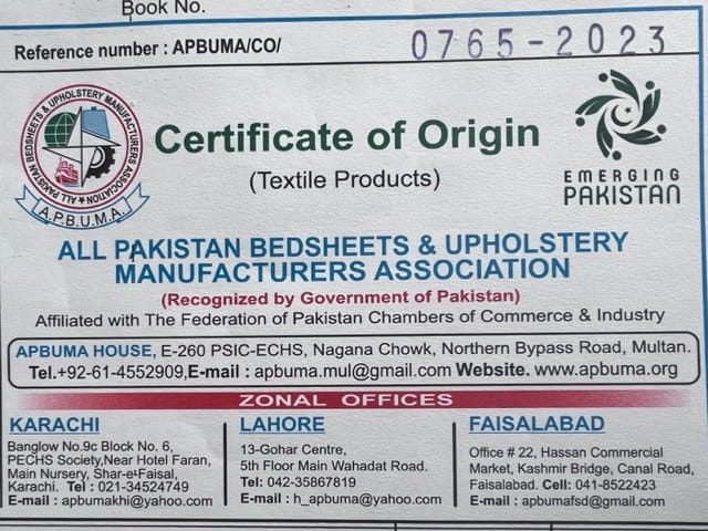 certyfikat Pakistan produkcji pościeli PREMIUM